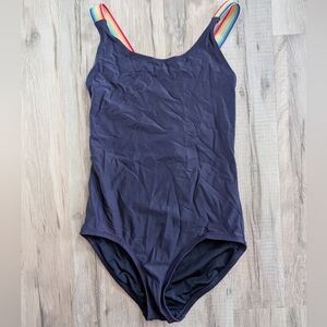 Primary Navy One-Piece Swimsuit with Rainbow Straps, 10Y (V6)